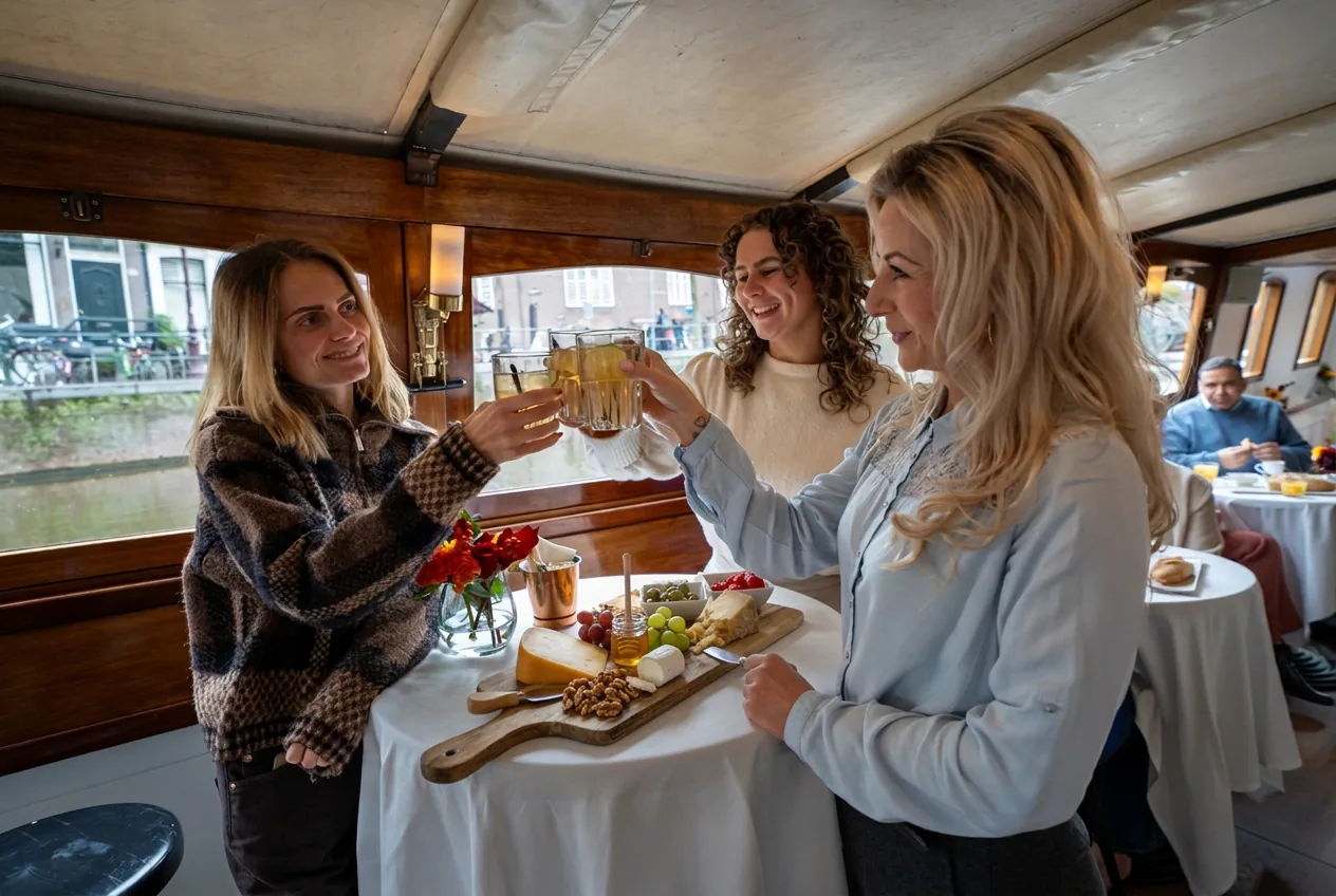 Kaasproeverij met wijn op de boot in Amsterdam