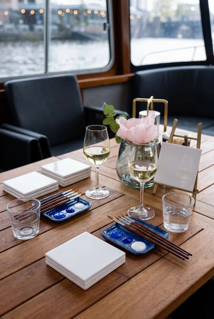 Delfts Blauw Sip & Paint op de boot: schilder uw eigen tegeltje